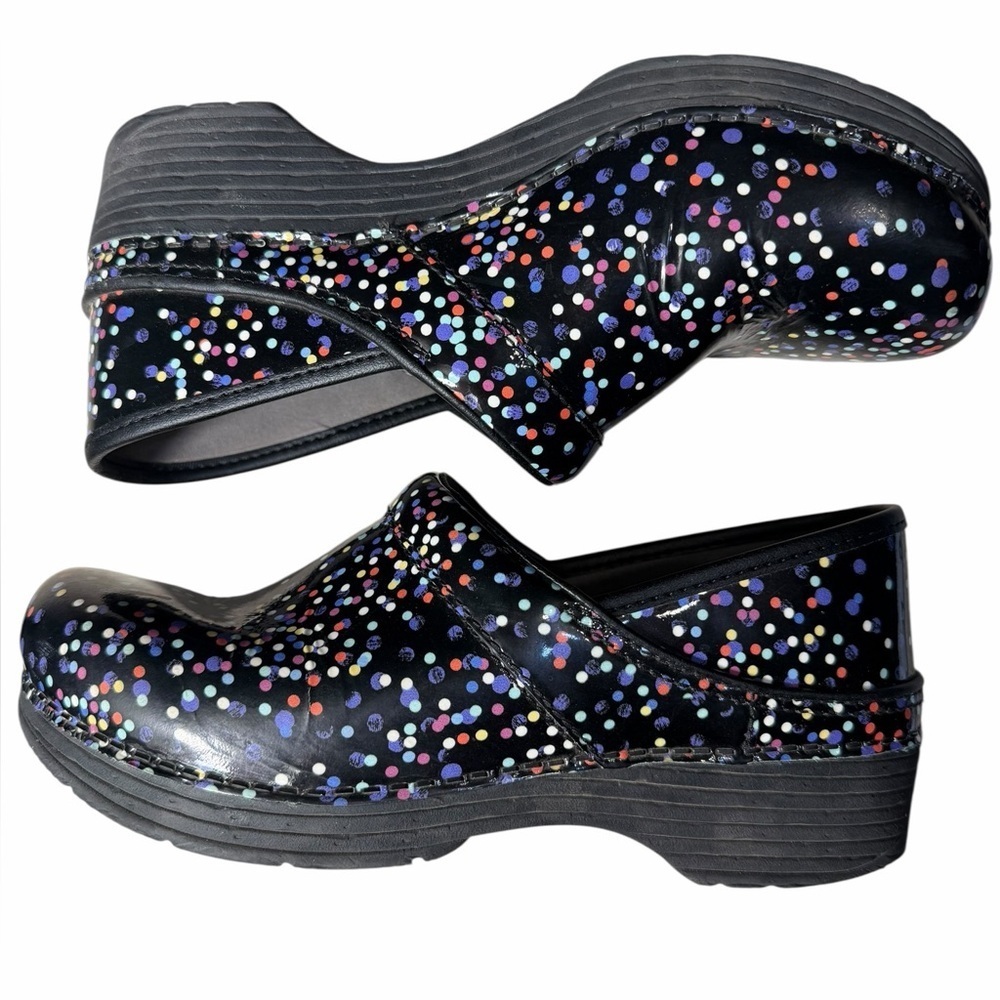 Dansko LT Pro Patent Confetti polka dot slip on clogs black multi color size 38 - Picture 2 of 11